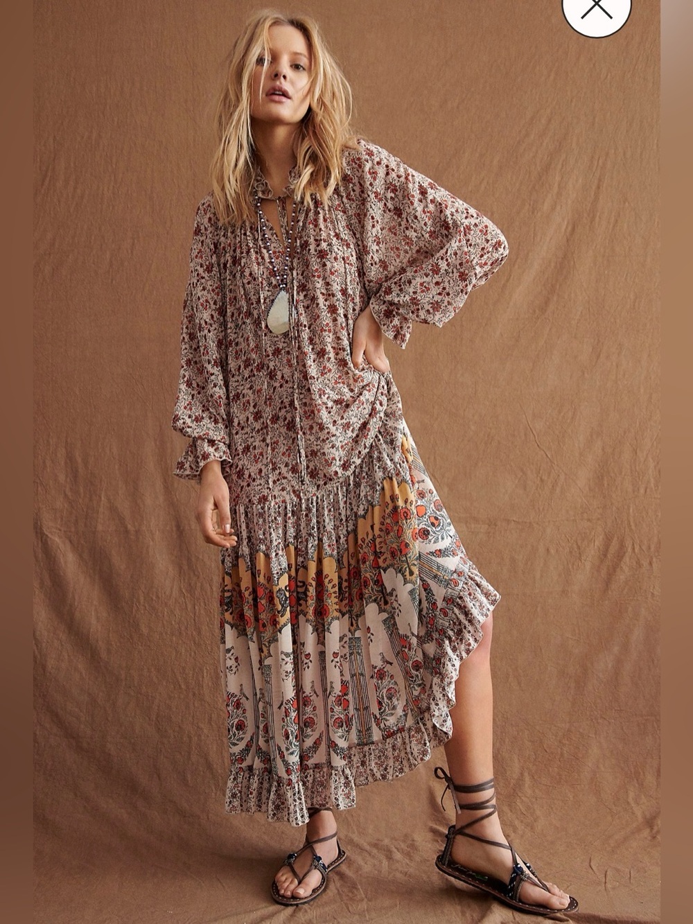 Free People Feeling Groovy Border Print Long Sleeve Maxi Dress L